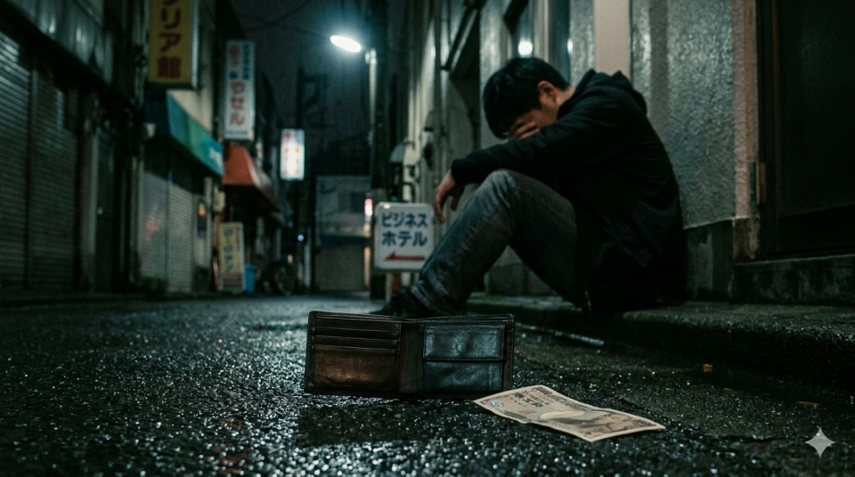 雨に濡れた深夜の路地裏で、うなだれて座り込む男性の後ろ姿。手前の濡れたアスファルトには、中身が空になった財布と、くしゃくしゃになった一万円札が力なく落ちている。出会い系で業者に騙され、金銭と自尊心を失った虚無感と絶望を表現したシネマティックな実写風画像。
