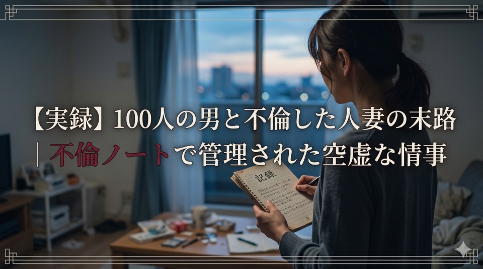 薄暗い部屋でノートにペンを走らせる女性の背中。窓の外には夕暮れの街並みが広がり、「【実録】100人の男と不倫した人妻の末路｜不倫ノートで管理された空虚な情事」という記事タイトルが中央に配置されている。