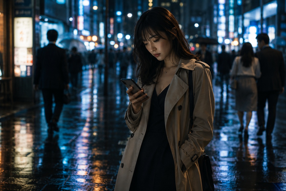 夜のネオン街でスマートフォンを見つめるトレンチコート姿の既婚女性。雨上がりの濡れた路面に青とオレンジの光が反射し、行き交う人々の中で孤独を抱えたような表情を浮かべているシネマティックな実写風イメージ。