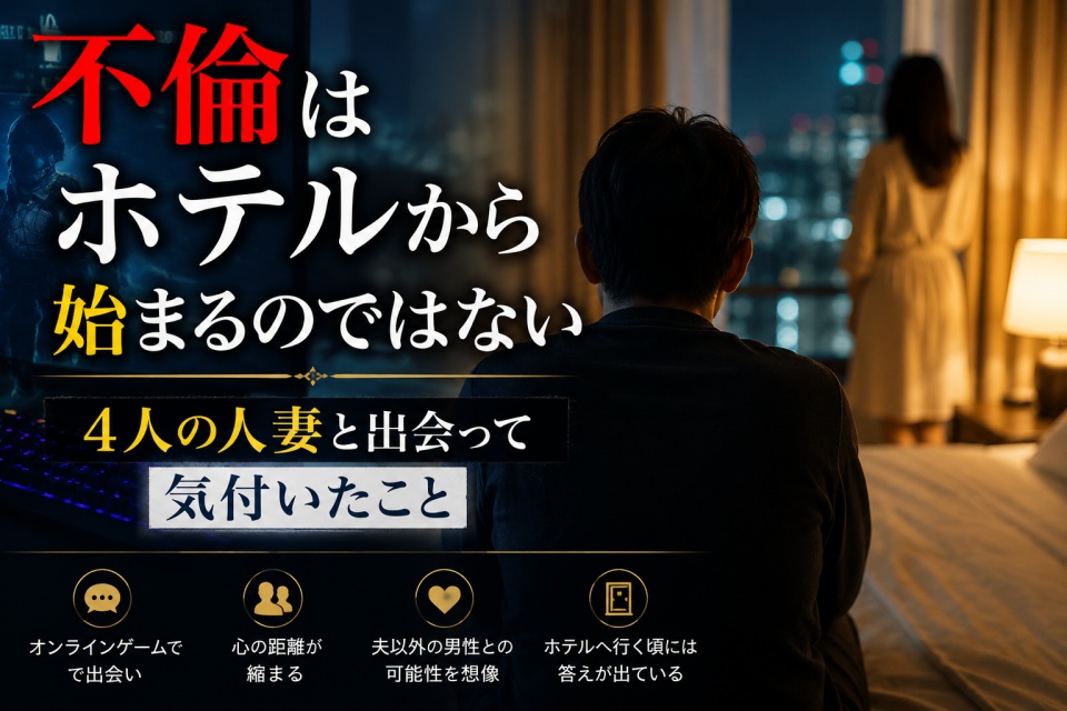 ホテルの部屋で窓の外を見つめる女性と、その後ろ姿を見つめる男性。不倫はホテルから始まるのではなく、オンラインゲームでの出会いや心の距離の変化から始まるという実体験を表現したアイキャッチ画像。