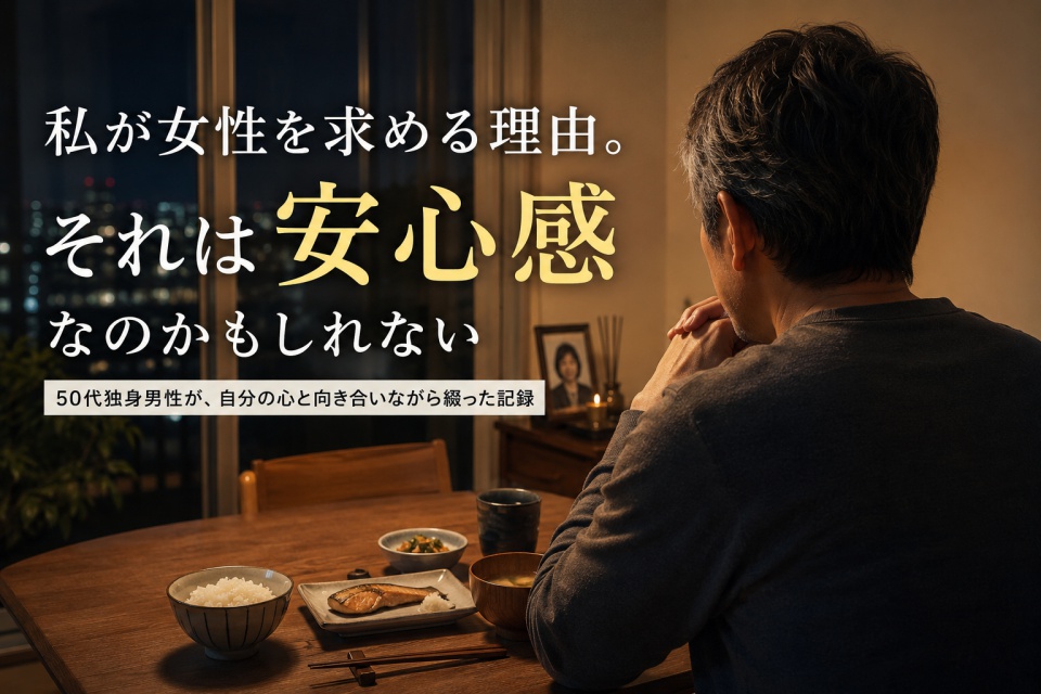 夜、一人で食卓に座る50代男性が窓の外を見つめながら、安心感や人とのつながりについて思いを巡らせているイメージ画像。