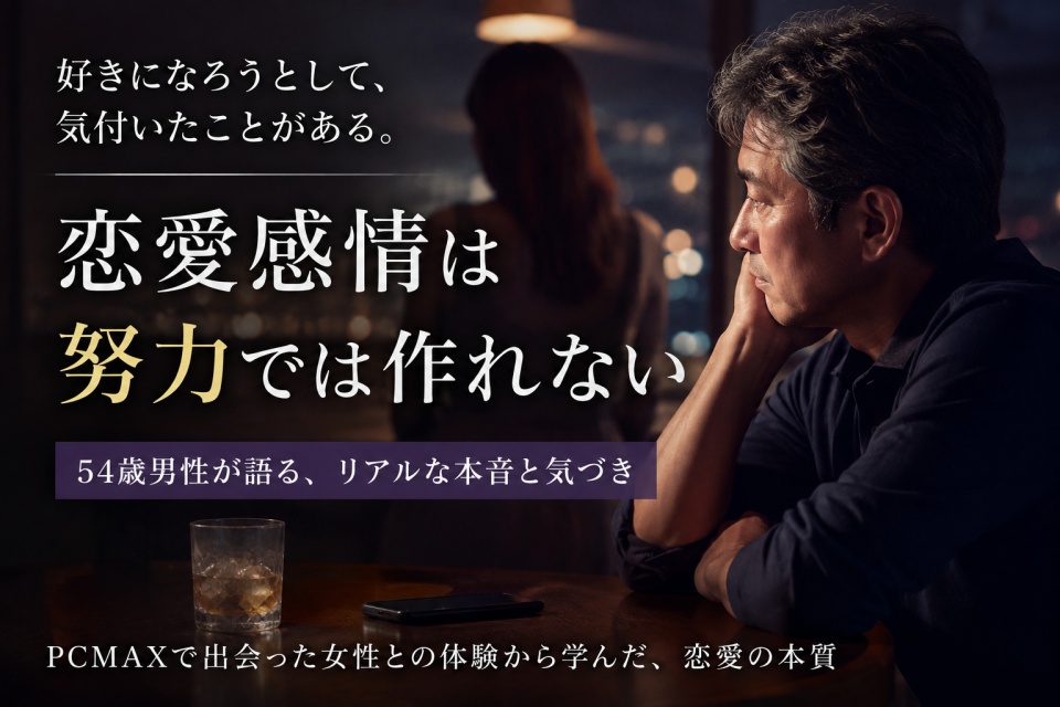 恋愛感情は努力では作れないと気付いた54歳男性が、PCMAXでの出会いを通して自分の本心と向き合う様子を表現したアイキャッチ画像