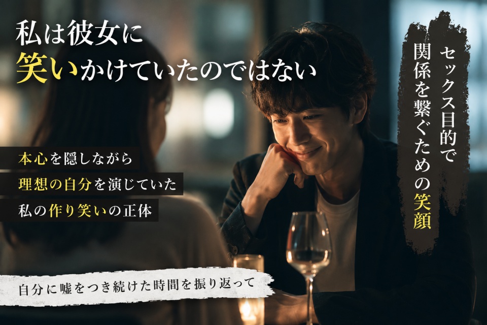 笑顔を見せる男性が、本心を隠して恋人を演じていたことに気付く様子を表現したイメージ。作り笑いと恋愛心理をテーマにした記事のアイキャッチ画像。