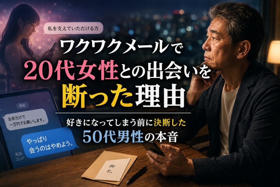 ワクワクメールで20代女性との出会いを断る決断をした50代男性が、スマートフォンを見つめながら将来への葛藤を抱える様子を描いたアイキャッチ画像。好きになってしまう前に身を引いた理由と、収益を得て胸を張って会える自分を目指す決意を表現している。