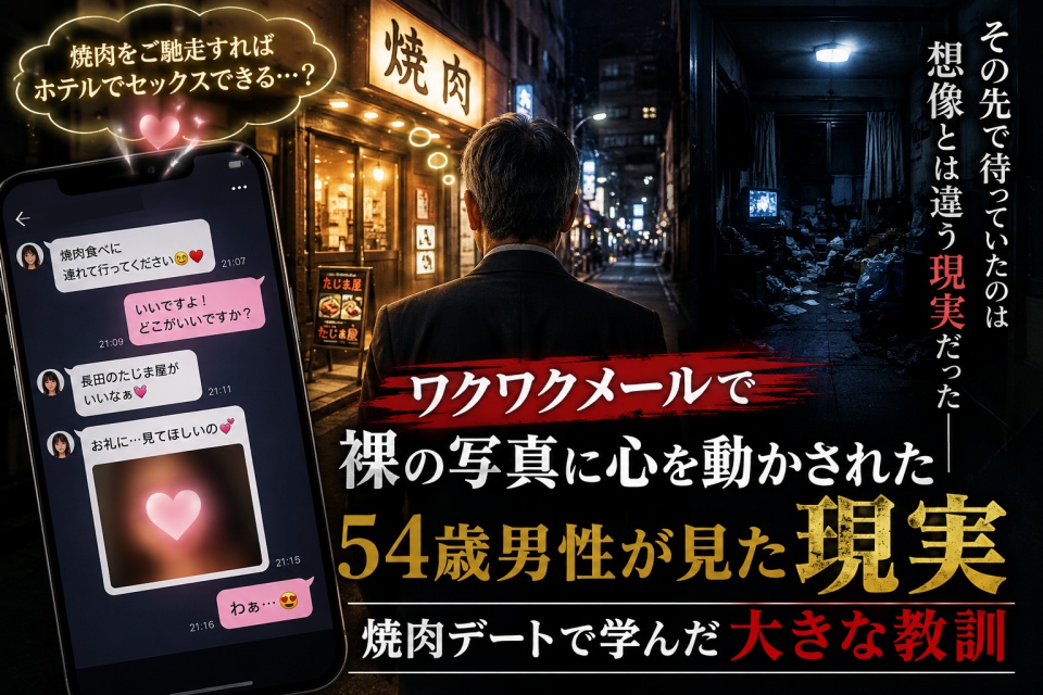 ワクワクメールで知り合った女性との焼肉デートを通じて、思い込みの危険性と条件確認の重要性を学んだ54歳男性の実体験を表現したアイキャッチ画像。
