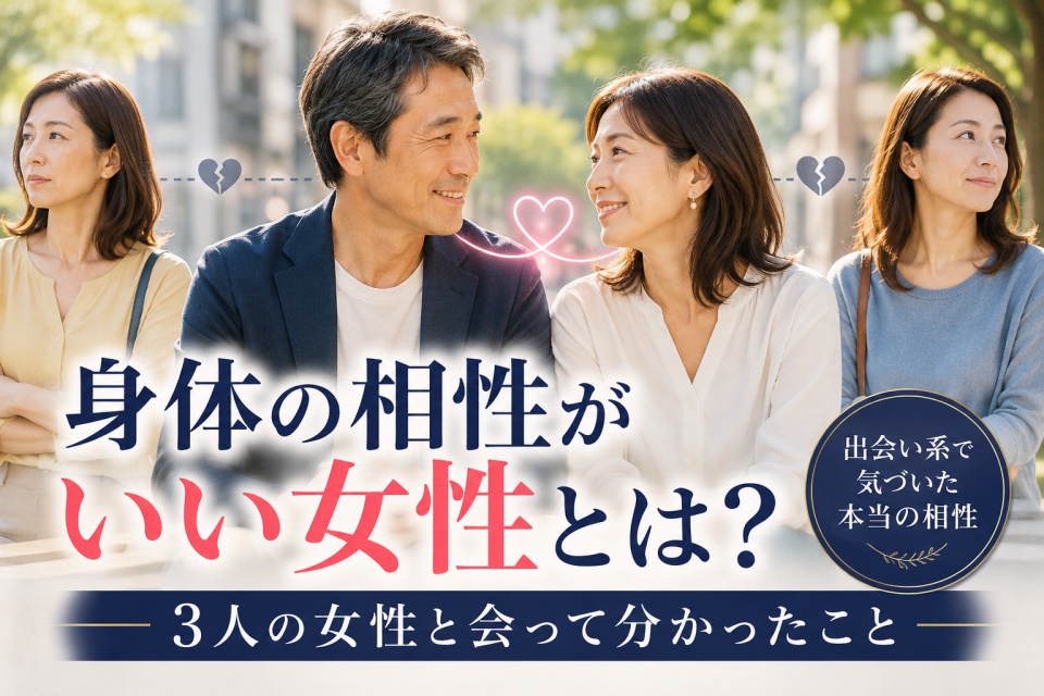 出会い系で知り合った3人の女性との身体の相性を比較し、1人の女性と心が通じ合う50代男性を表現したイメージ
