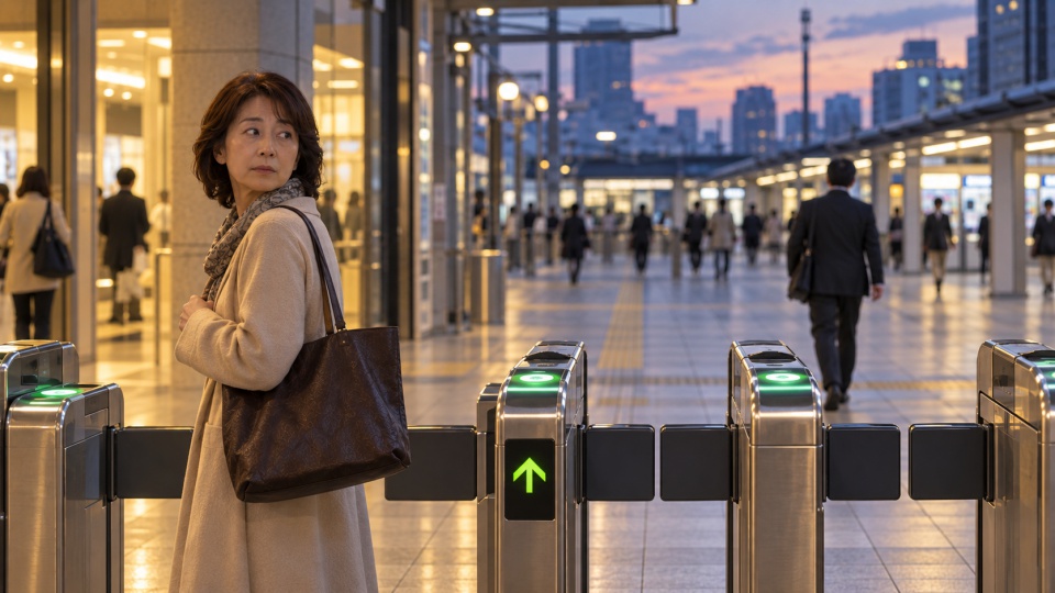 夕暮れの駅の改札口で振り返る50代女性と、気づかず遠ざかっていく男性